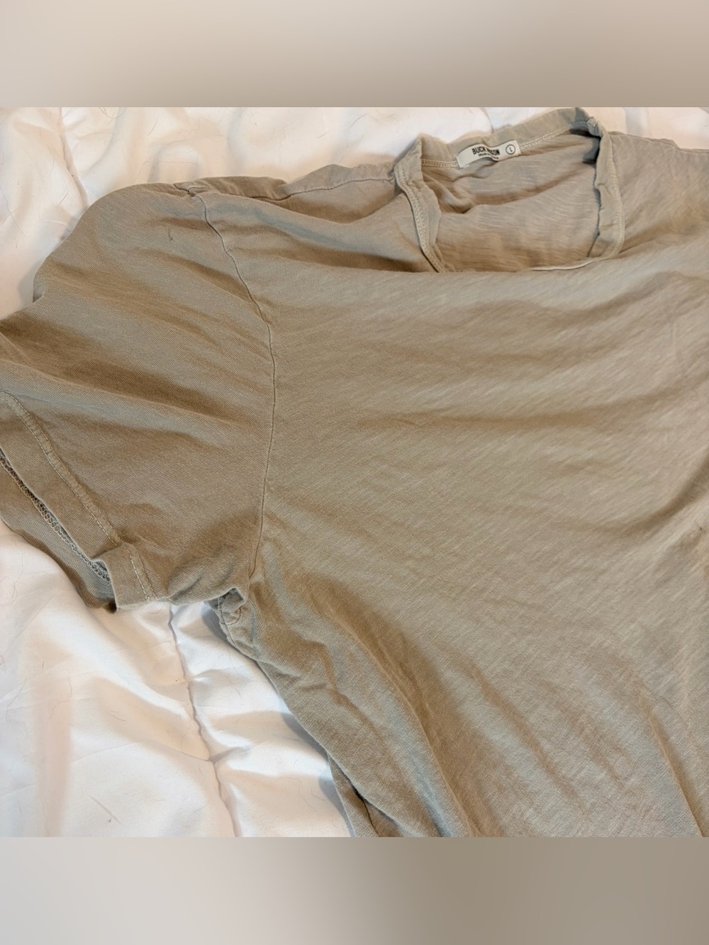 Buck Mason Mens Size Large Slub Cotton Curved Hem Crewneck Tee Tan Olive USA - Picture 5 of 5